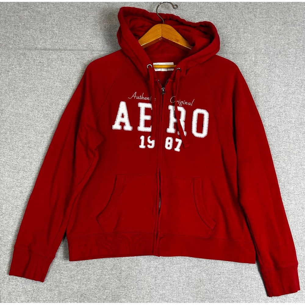 Aero 1987 Full Zip Hoodie Womens XL Red Y2K Puff Letters